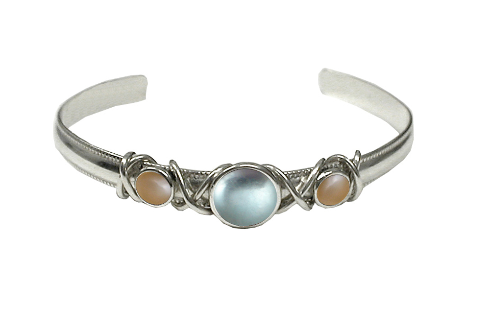 Sterling Silver Hand Made Cuff Bracelet With Blue Topaz And Peach